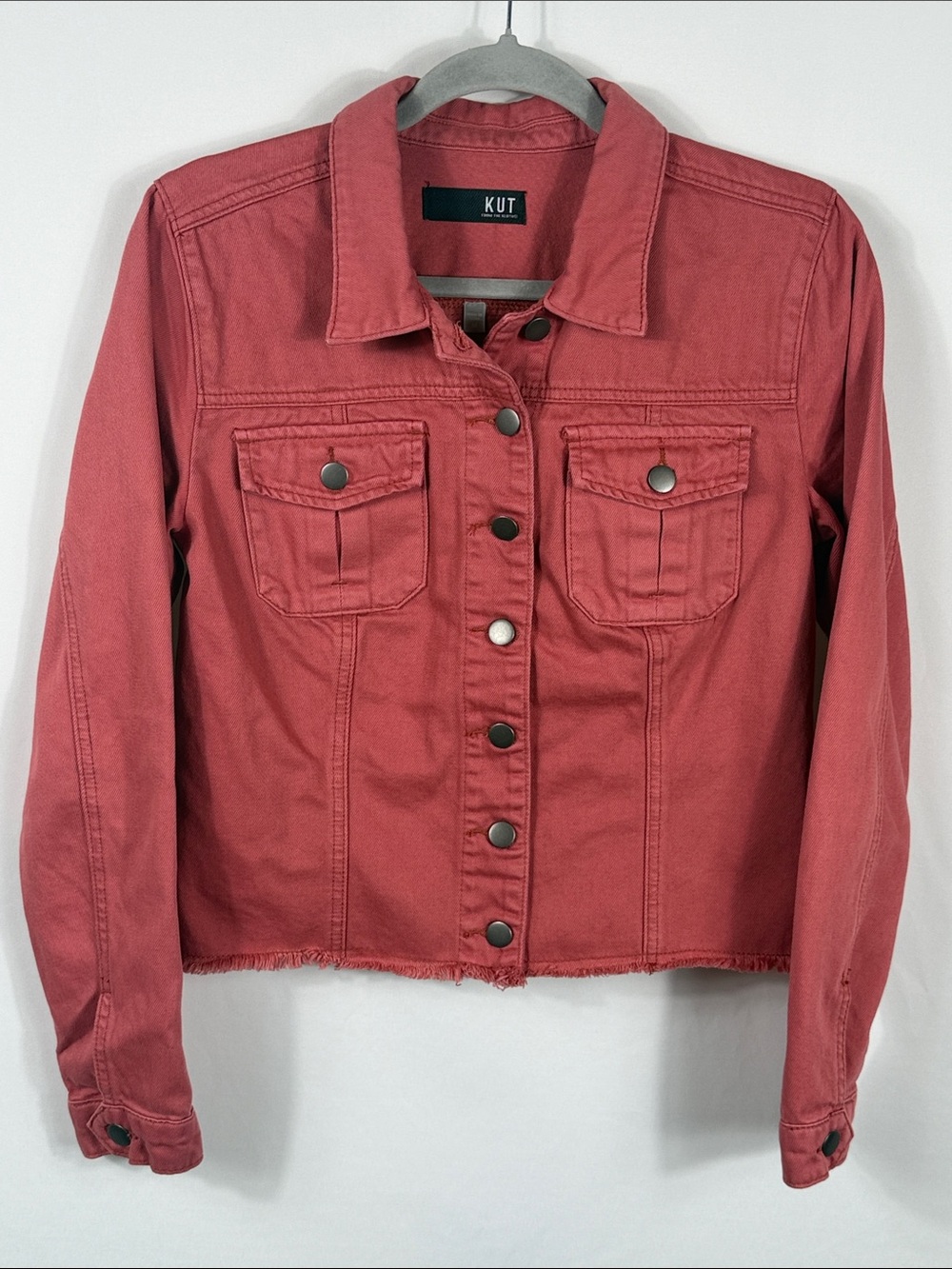 Kut from the Kloth Coral-Red Cropped Denim Jacket Frayed Hem. Womens Size M